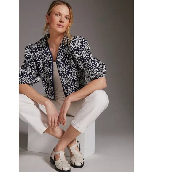 Anthropologie Sweaters - Maeve by Anthropologie Embroidered floral Navy Blue Shrug Jacket Bolero Cardigan